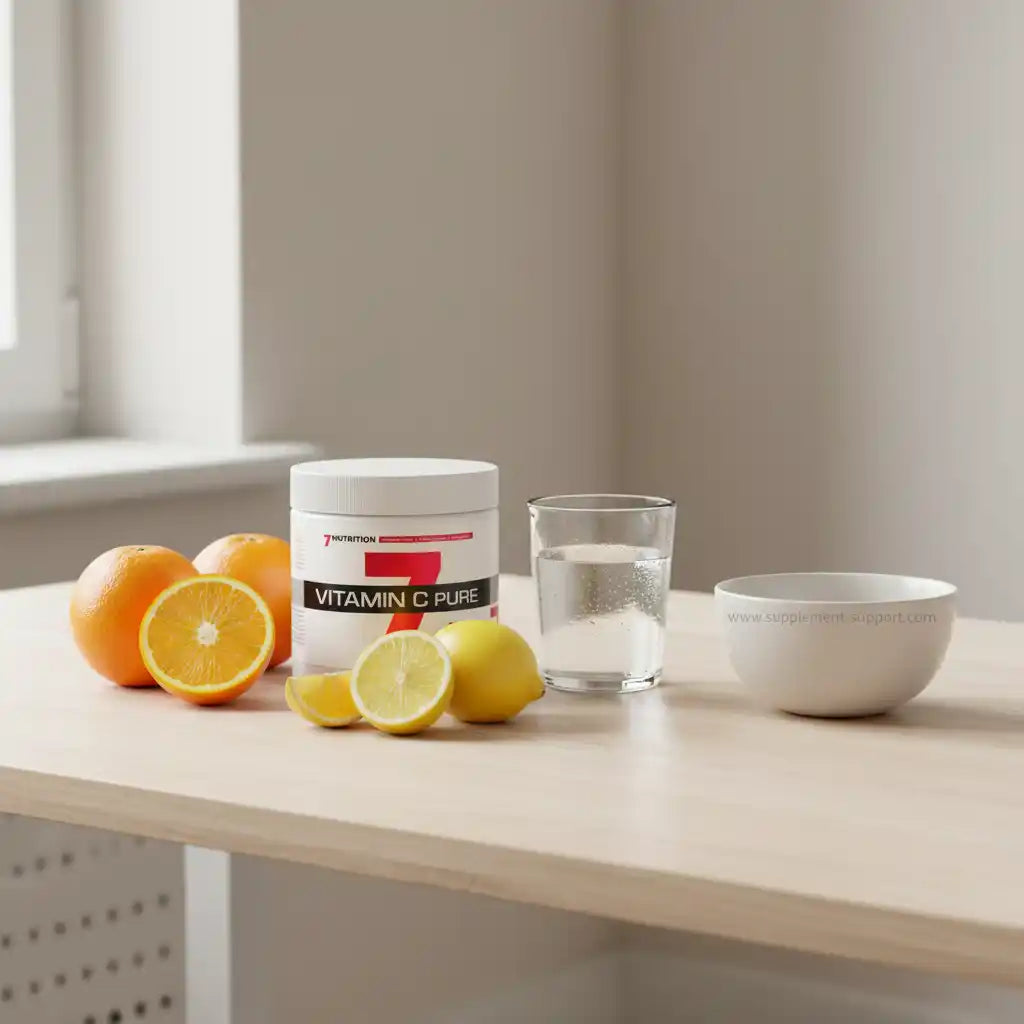 Vitamin C Pure Supplement mit Orangen, Zitronen und Wasser auf Holztisch für Sportler und Fitness