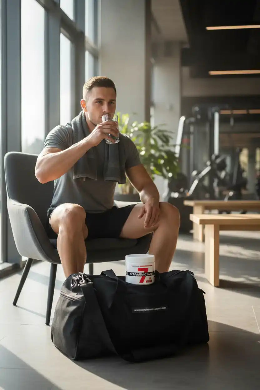 Sportler trinkt Wasser mit Vitamin C Kapseln, Fitness-Training, Nahrungsergänzung