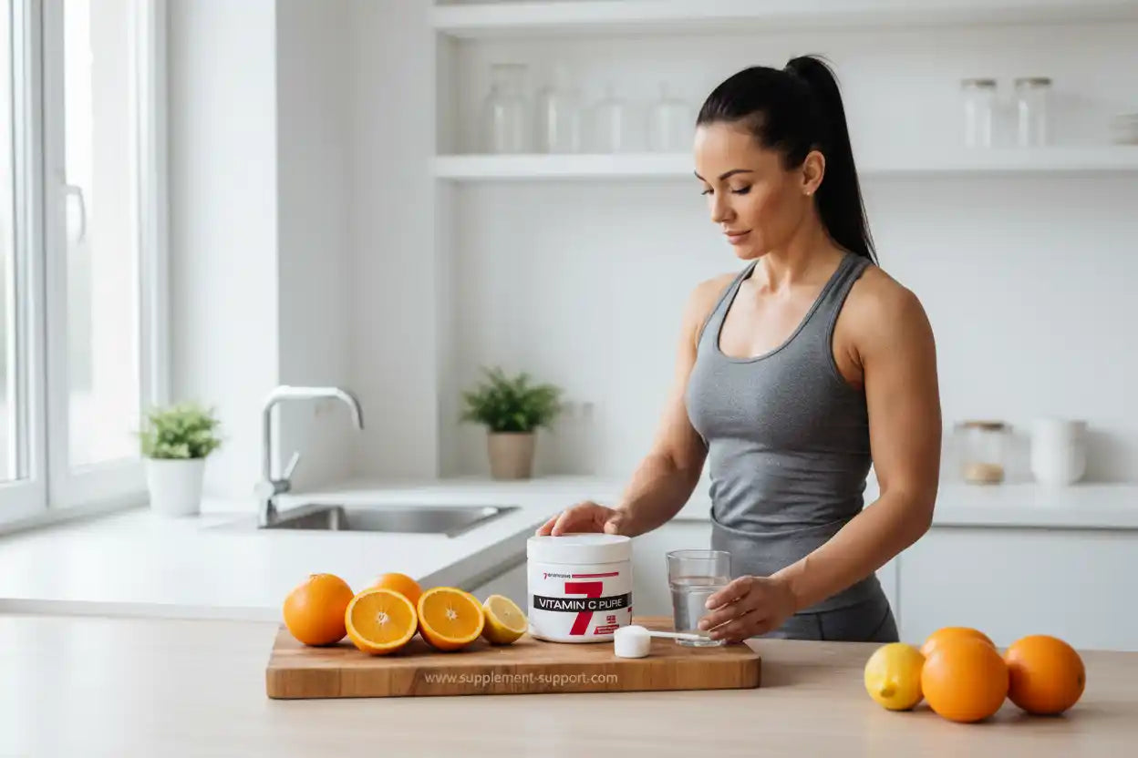 Frau mit Vitamin C Pulver und Orangen in der Küche – Nahrungsergänzung für Sportler