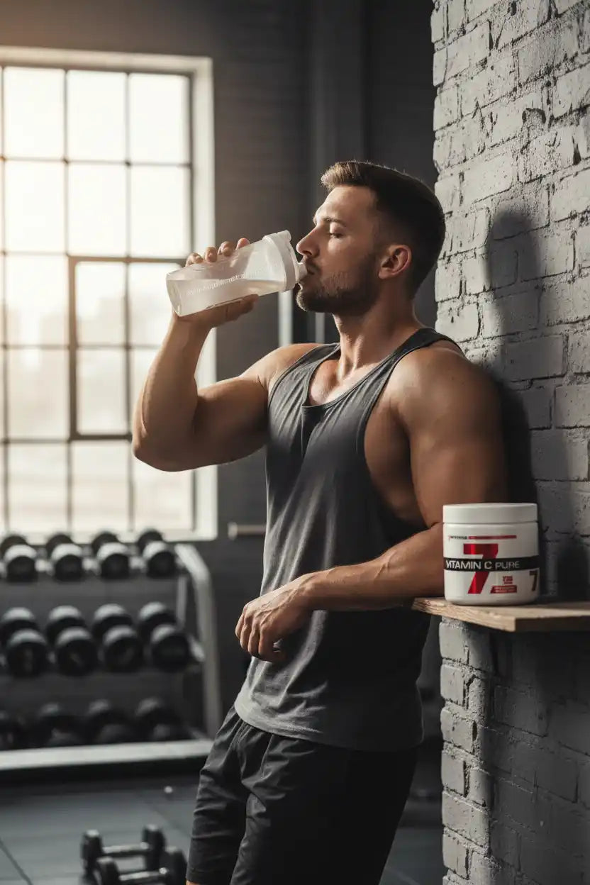 Muskulöser Mann trinkt Proteinshake im Fitnessstudio neben Vitamin C Pure Dose