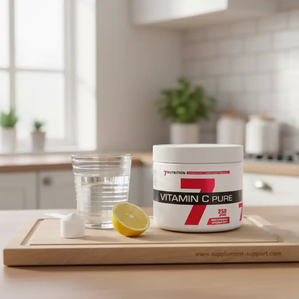 Vitamin C Pure Pulver von 7 Nutrition mit Zitrone und Wasser auf Holzbrett in Küche