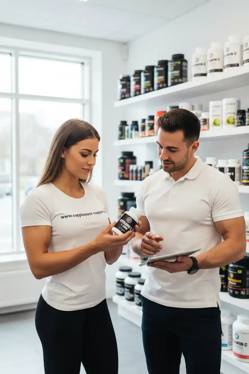 Berater erklärt einer Kundin ein Vitamin-C-Supplement im Sportnahrungsgeschäft