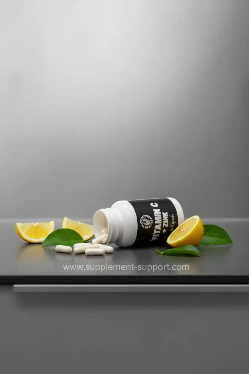 Vitamin C und Zink Nahrungsergänzung in Kapselform mit Zitronenscheiben und grünen Blättern