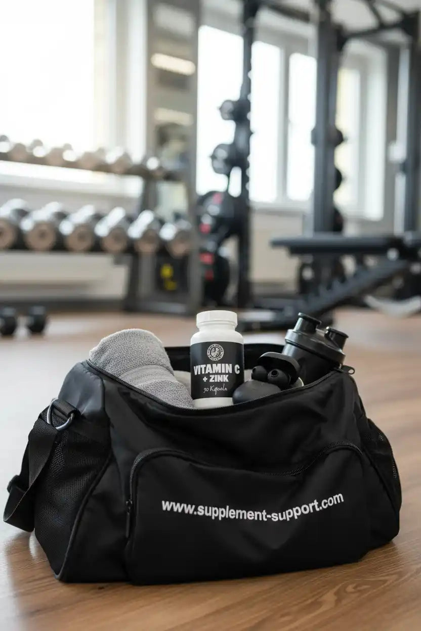 Schwarze Sporttasche mit Vitamin C + Zink Supplement und Handtuch im Fitnessstudio