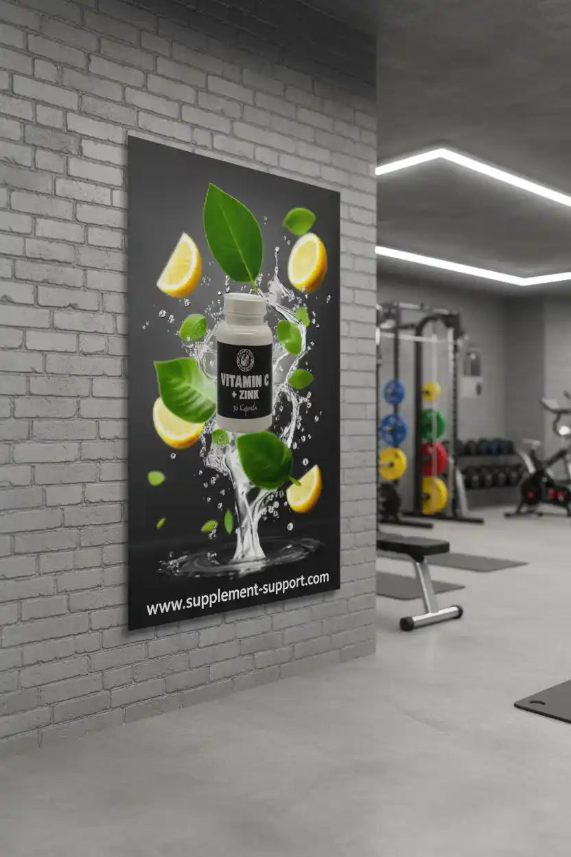 Werbeplakat für Vitamin C und Zink Nahrungsergänzung mit Zitronen und Blättern in einem Fitnessstudio