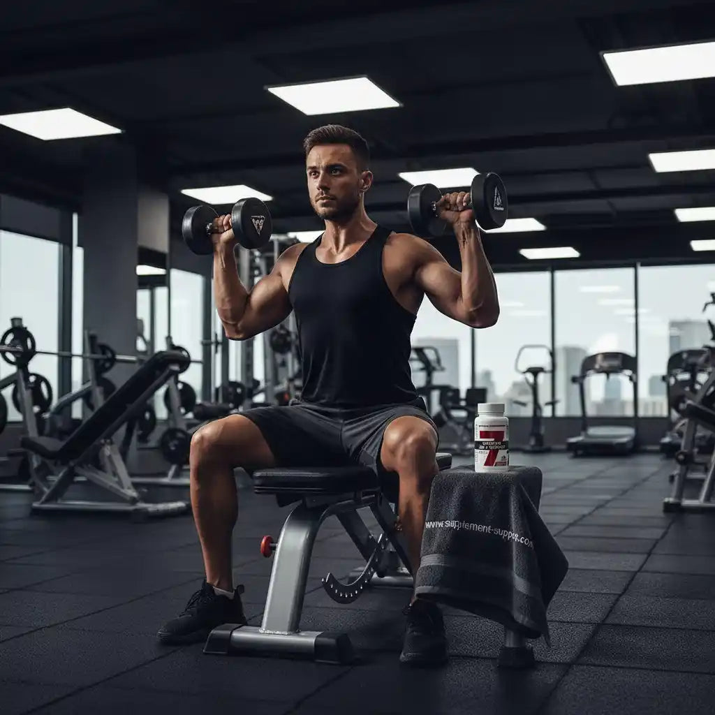 Muskulöser Mann mit Hanteln im Fitnessstudio, Nahrungsergänzungsmittel daneben