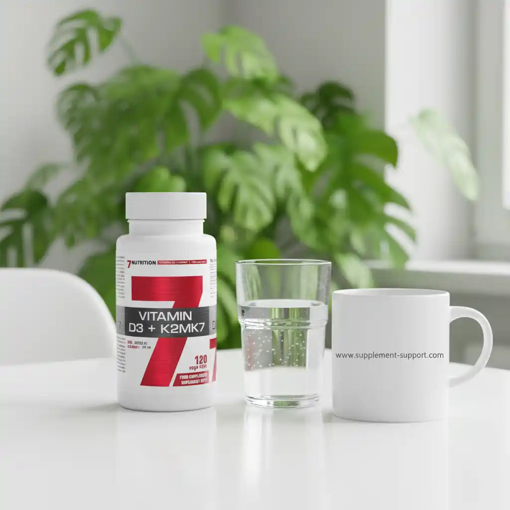 Vitamin D3 + K2MK7 Nahrungsergänzungsmittel von 7 Nutrition mit Wasser und Tasse auf weißem Tisch vor grüner Pflanze