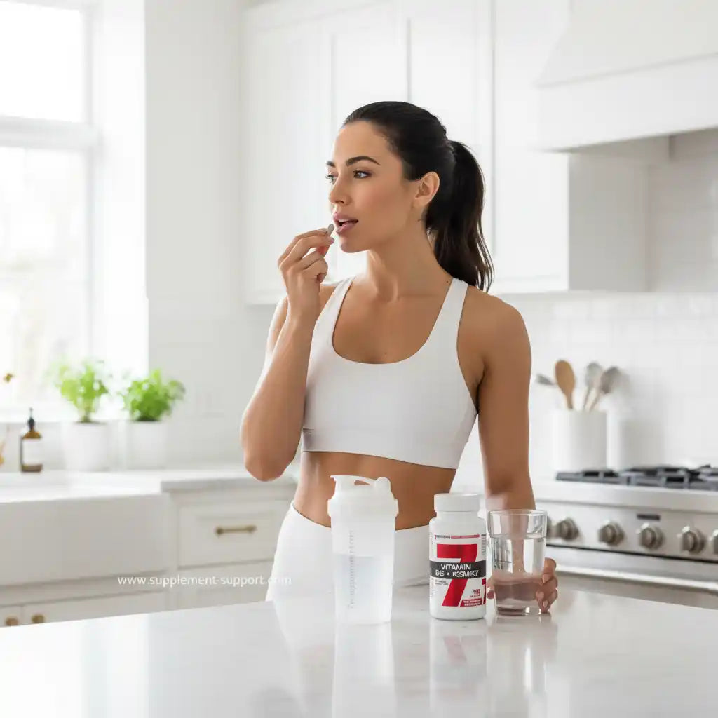 Frau nimmt Nahrungsergänzungsmittel in Küche ein, mit Vitamin B6 + K2MK7 Flasche und Shaker