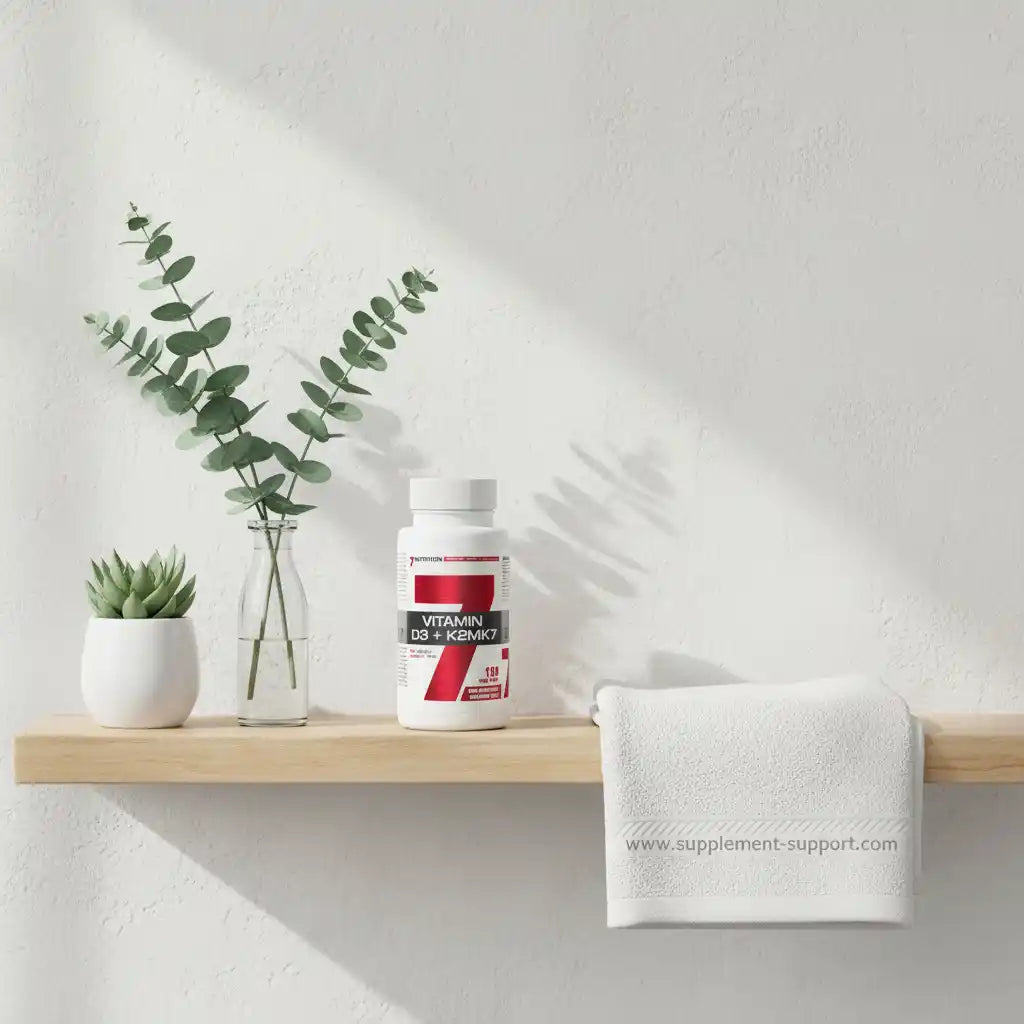 Vitamin D3 + K2MK7 Nahrungsergänzung auf Holzregal mit Pflanzen und Handtuch, ideal für Sportler und Fitness
