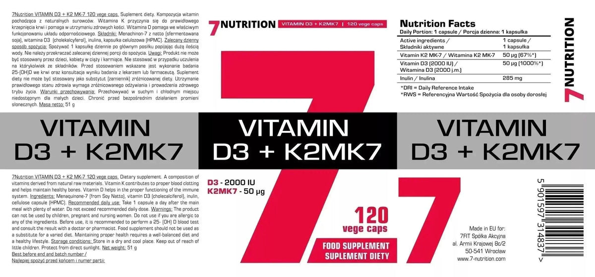 Vitamin D3 + K2MK7 Nahrungsergänzung mit 120 vegetarischen Kapseln für gesunde Knochen und Immunsystem