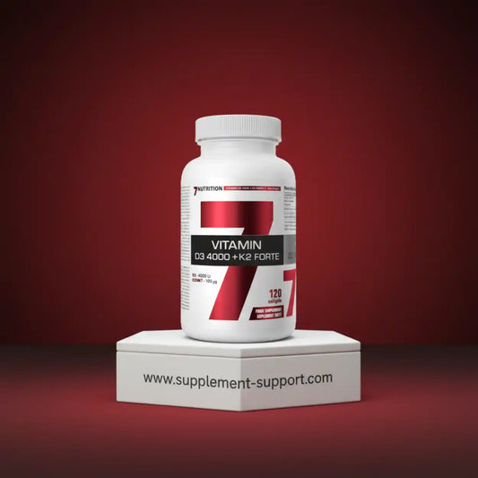 Dose mit Vitamin D3 4000 + K2 Nahrungsergänzungsmittel, 120 Kapseln, roter Hintergrund