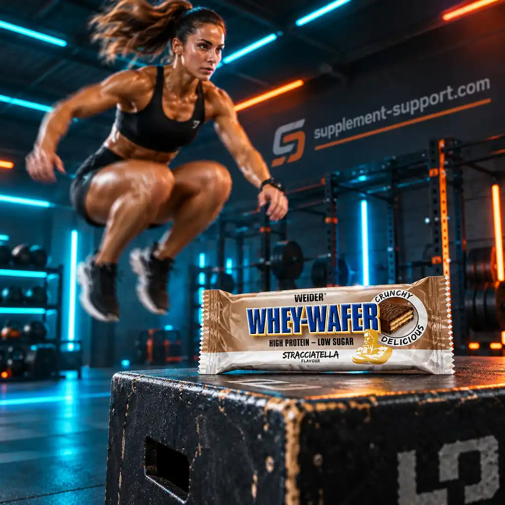 WEIDER Whey-Wafer Proteinriegel Geschmack Stracciatella vor einer springenden Sportlerin im Gym.