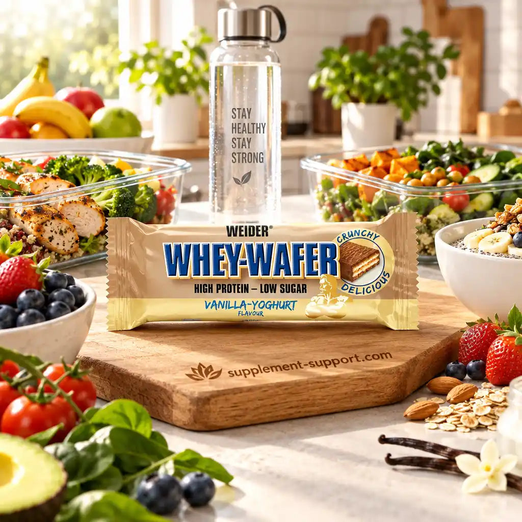 WEIDER Whey-Wafer Proteinriegel Sorte Vanilla-Yoghurt auf einem Holzbrett mit gesunden Lebensmitteln.