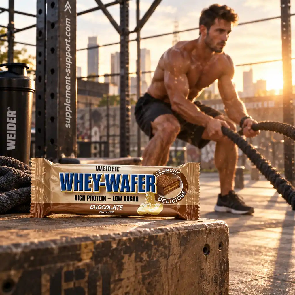 WEIDER Whey-Wafer Proteinriegel Schokolade vor einem muskulösen Mann beim Training.