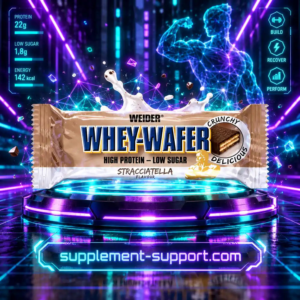 WEIDER Whey-Wafer Proteinriegel Stracciatella auf futuristischem, neonfarbenen Hintergrund.
