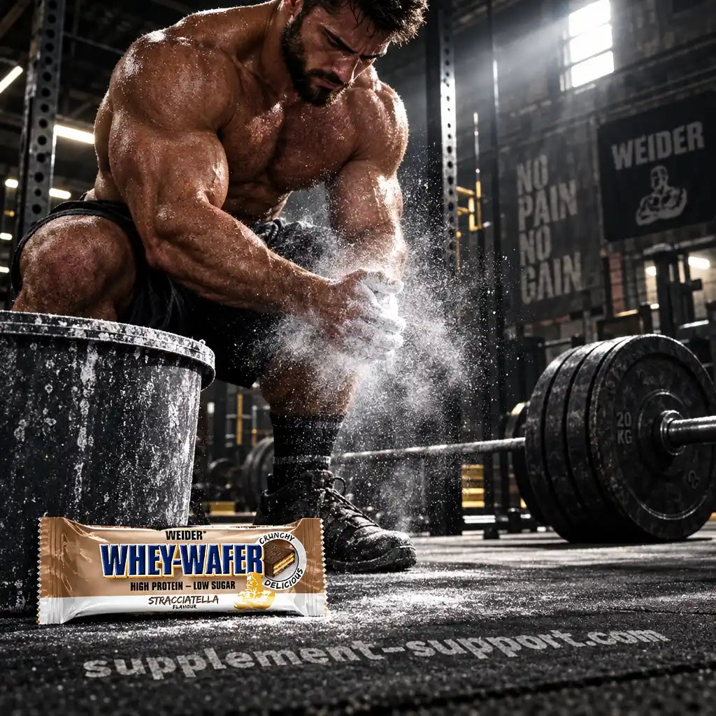 Muskulöser Athlet im Fitnessstudio mit WEIDER Whey-Wafer Proteinriegel