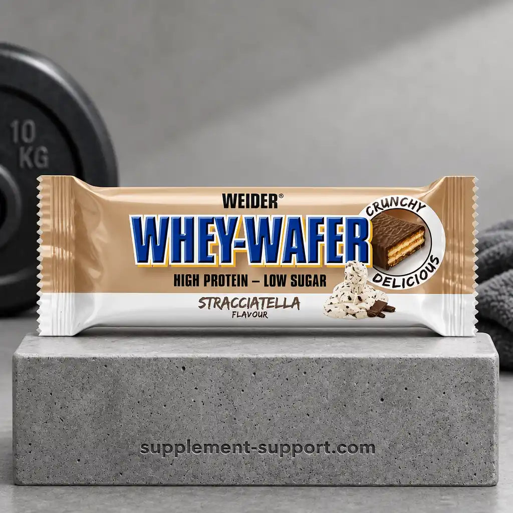 WEIDER Whey-Wafer Proteinriegel in Stracciatella Geschmack auf grauem Betonblock