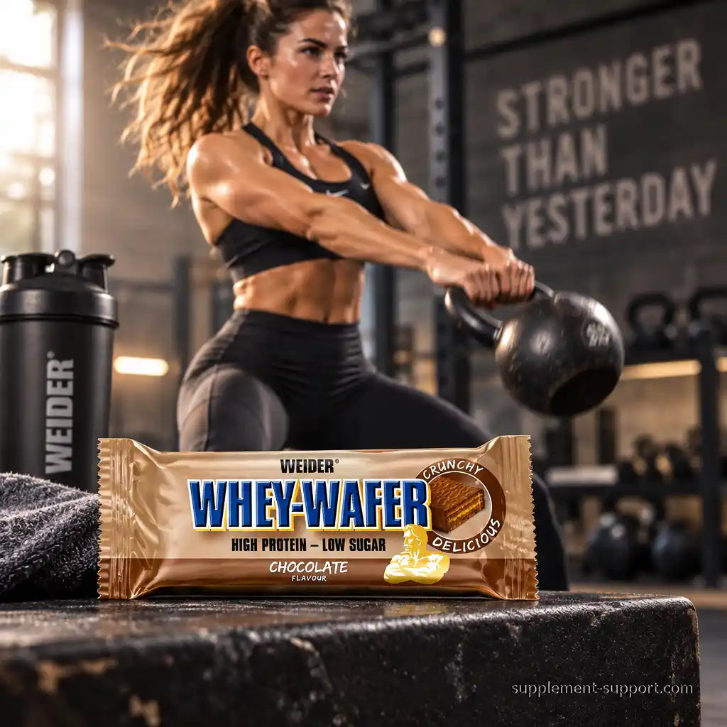 WEIDER Whey-Wafer Schokoriegel vor einer trainierenden Frau mit Kettlebell im Fitnessstudio