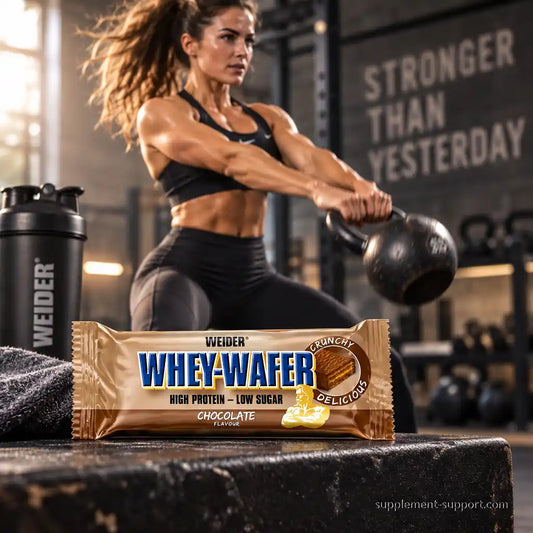 WEIDER Whey-Wafer Schokoriegel vor einer trainierenden Frau mit Kettlebell im Fitnessstudio