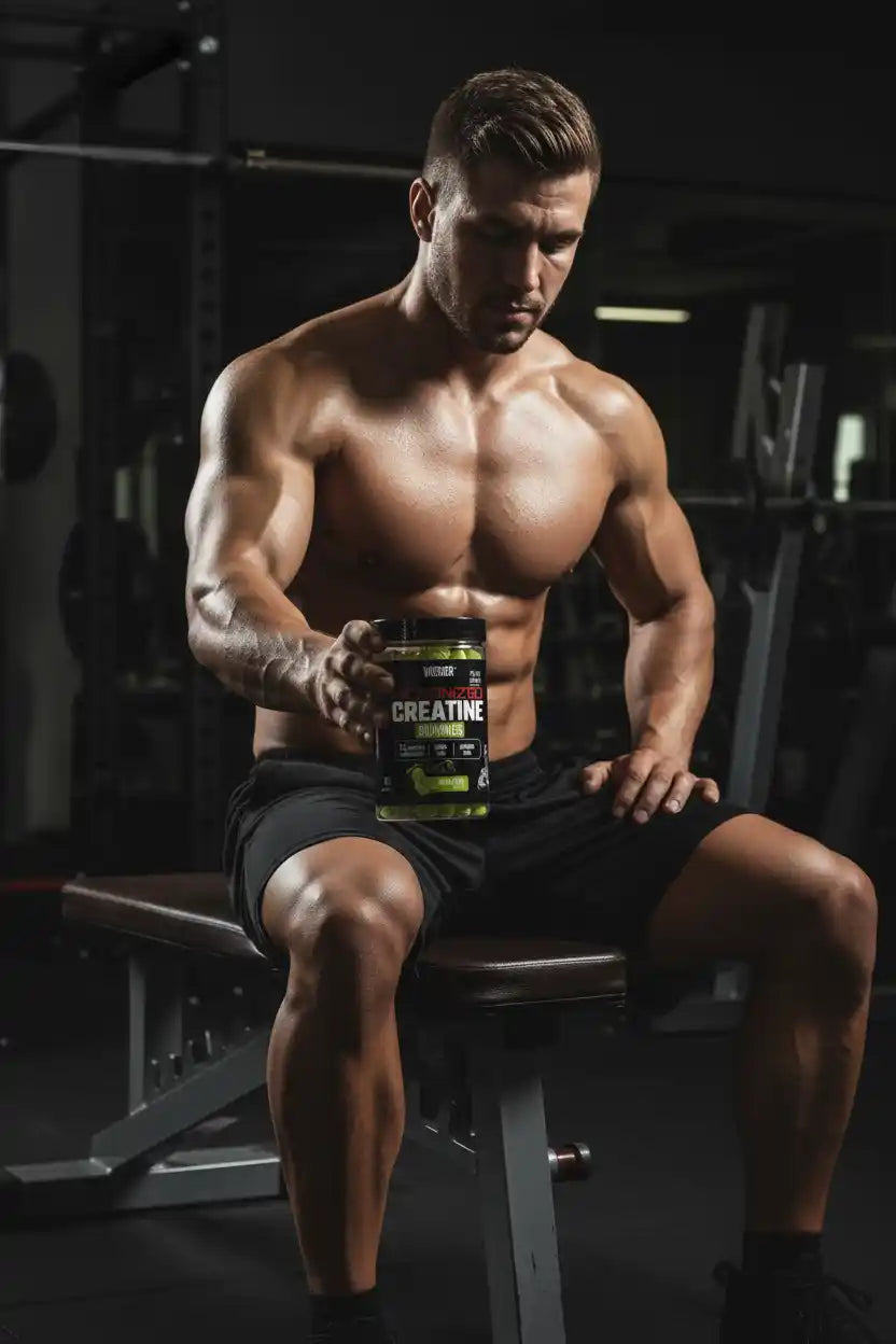 Muskulöser Mann im Fitnessstudio mit Creatine Supplement für Sportler und Fitness