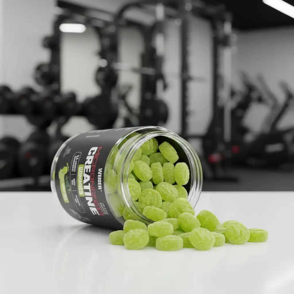 Grüne Creatine Gummies aus der Dose, ideal für Sportler im Fitnessstudio