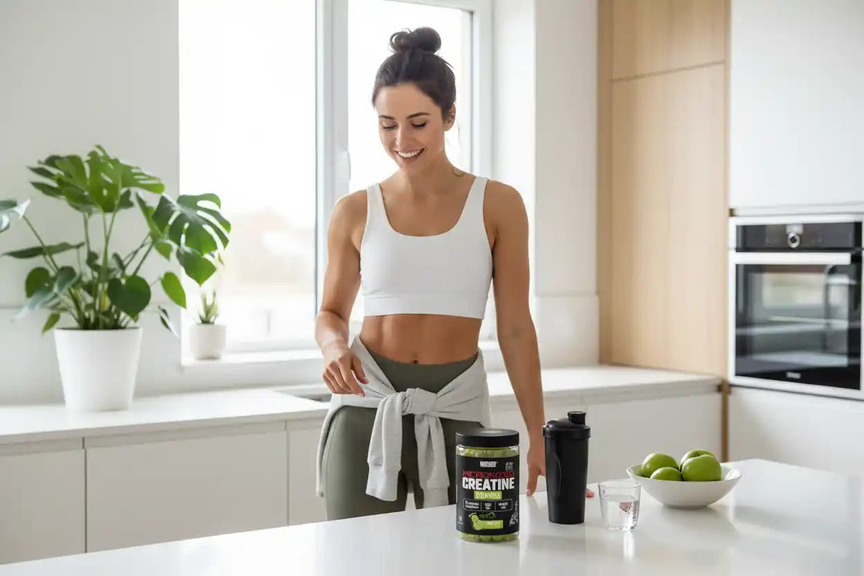 Frau mit Kreatin-Tabletten und Shaker in der Küche – Fitness & Sportnahrung für Athleten