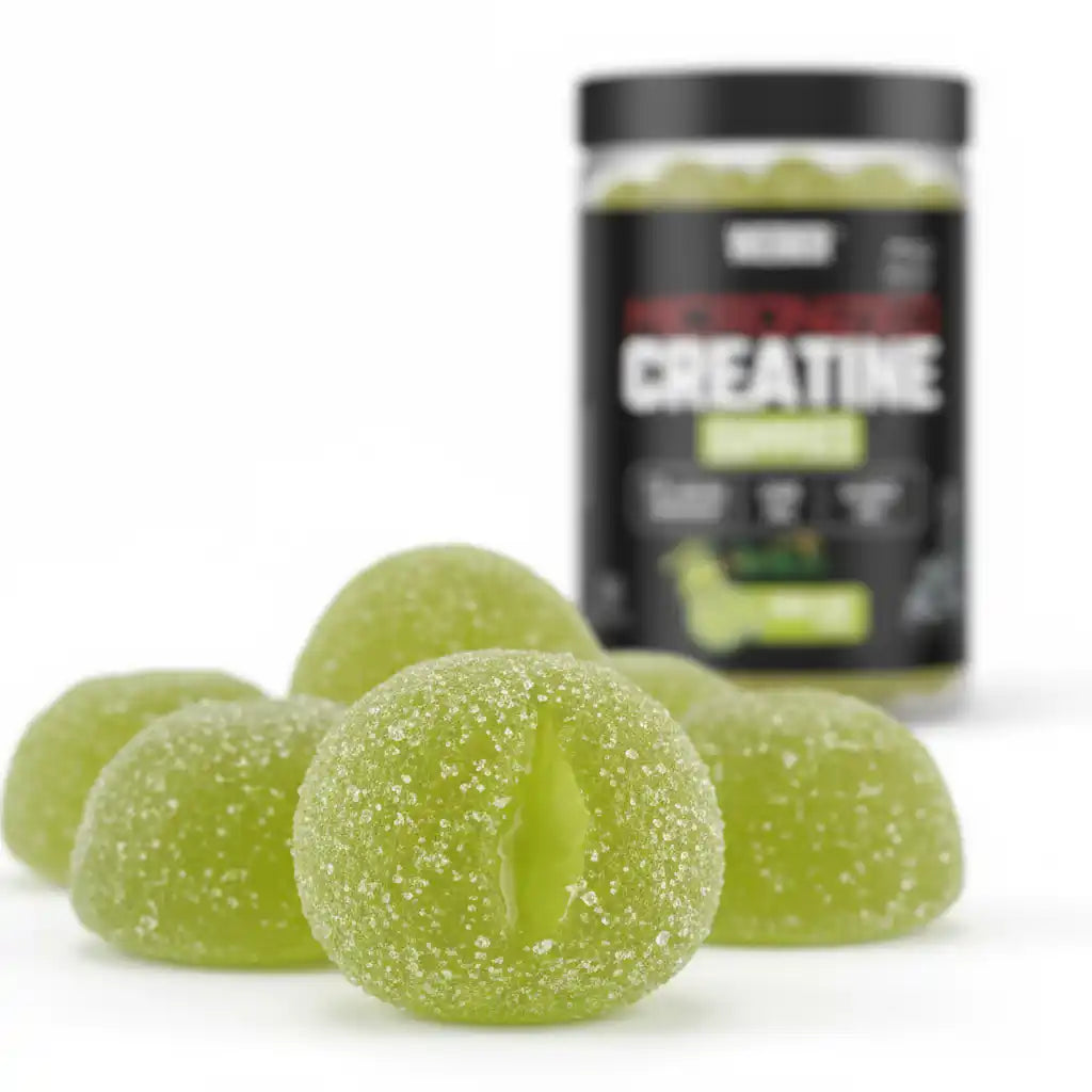 Grüne Kreatin-Gummis mit Zuckerkristallen, ideal für Sportler und Fitness-Enthusiasten