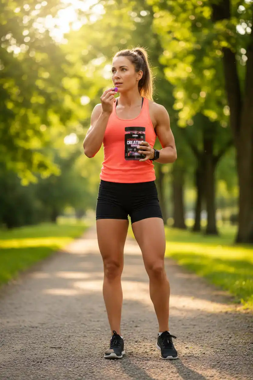 Frau mit Kreatin-Booster im Park – Fitness & Sportnahrung für Athleten