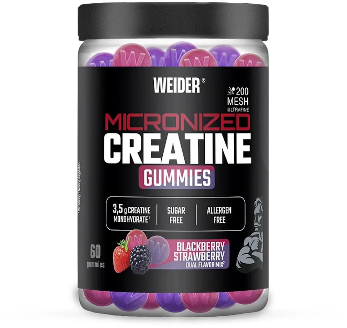 Weider Micronized Creatine Gummies, 60 Stück, Blackberry Strawberry Geschmack, zuckerfrei, allergenfrei