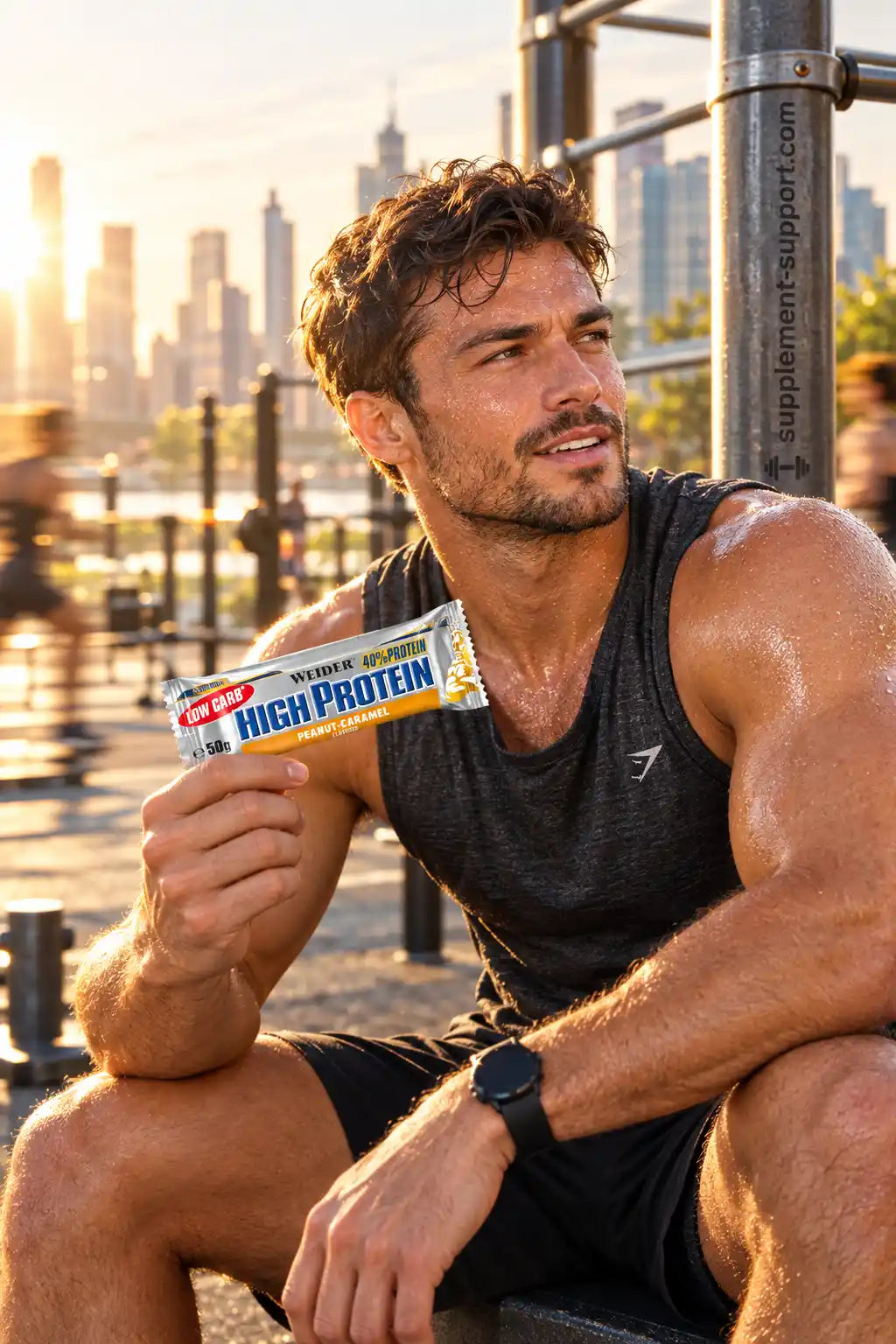 Muskulöser Mann hält einen WEIDER High Protein Bar Riegel im Freien.