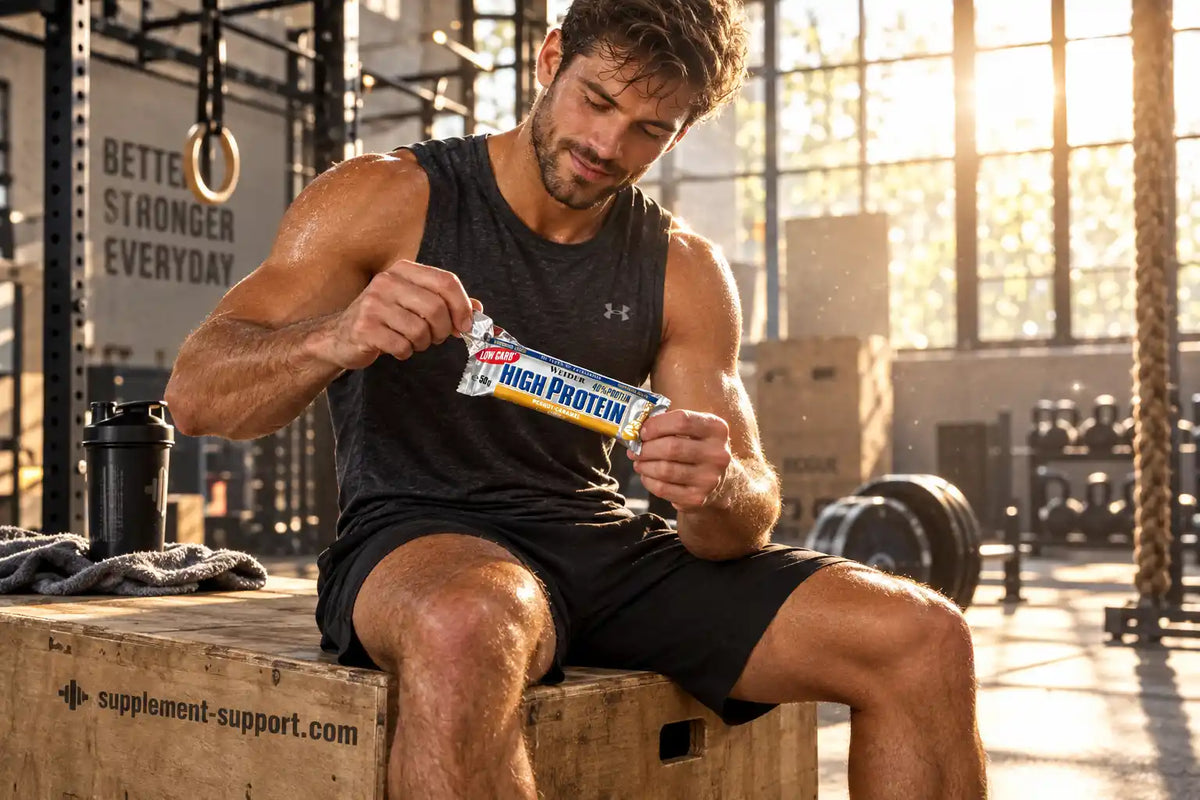 Muskulöser Mann im Fitnessstudio öffnet einen WEIDER High Protein Bar Riegel.