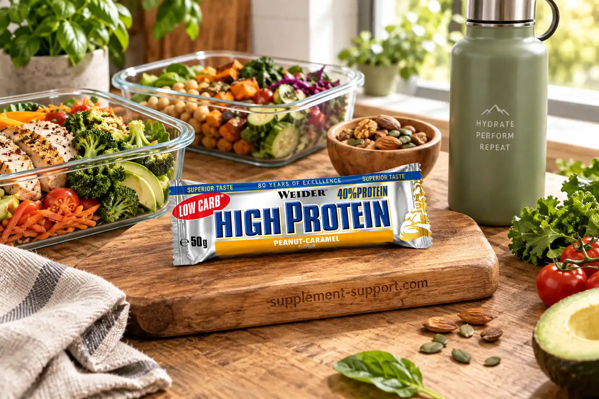 WEIDER High Protein Riegel Peanut-Caramel auf einem Holzbrett neben gesunden Meal-Prep-Boxen.