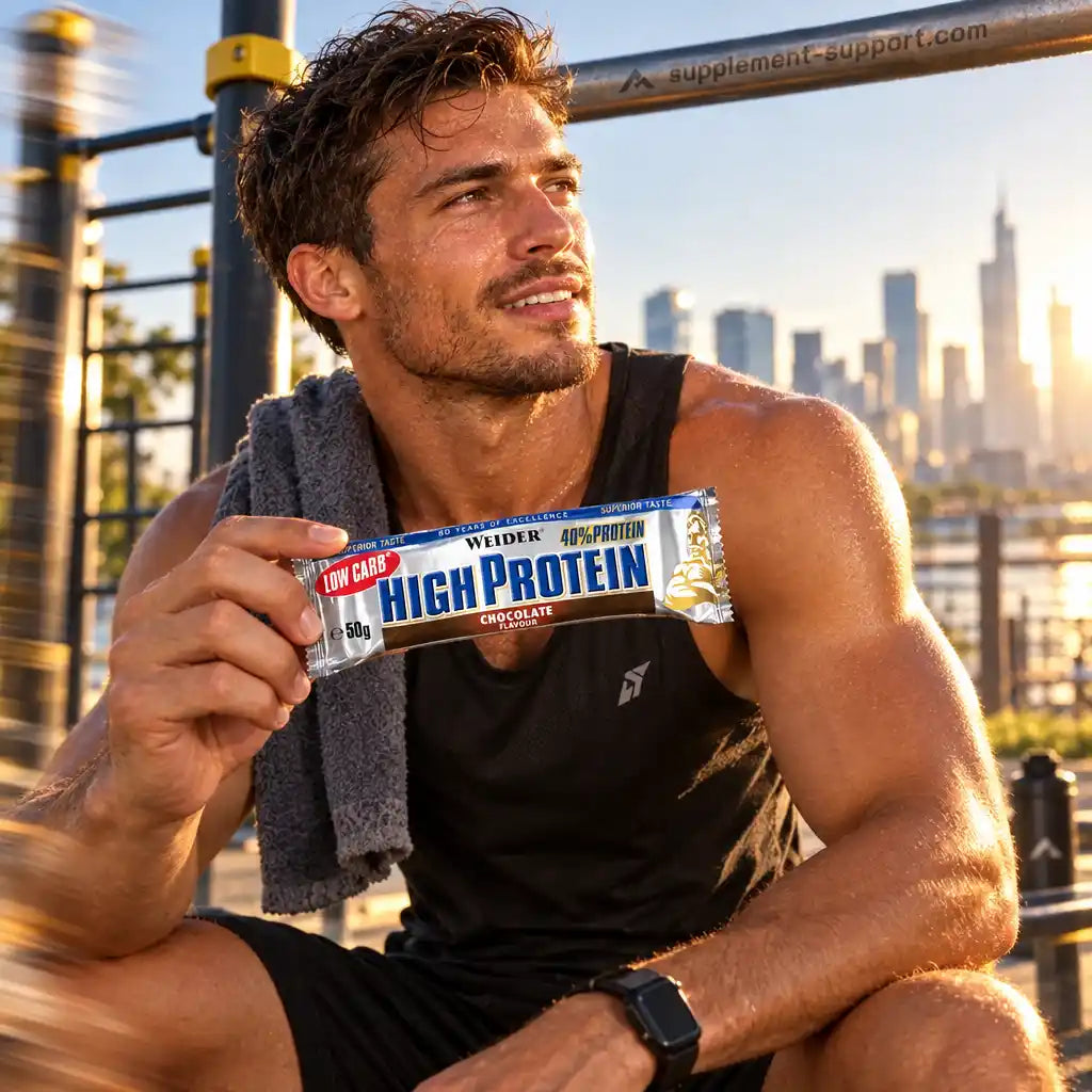 Muskulöser Mann hält einen WEIDER High Protein Bar Schokoriegel im Freien.