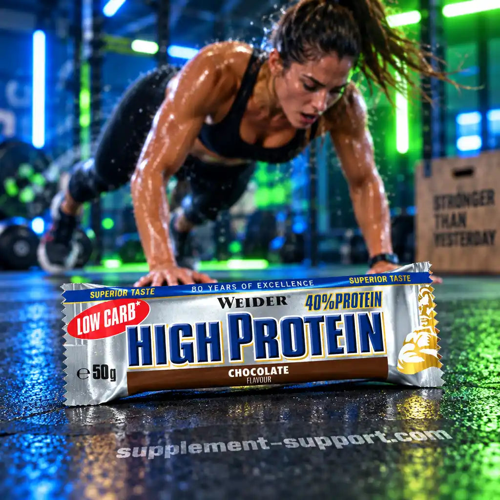 WEIDER High Protein Bar Schokolade vor einer Sportlerin beim Training im Fitnessstudio.