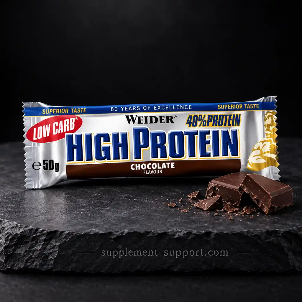 WEIDER High Protein Bar in Schokolade-Geschmack mit Schokoladenstücken auf dunklem Stein.