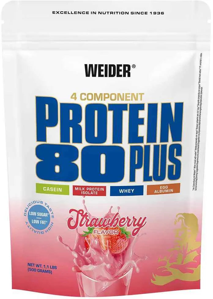 Weider Protein 80 Plus Erdbeere, 4-Komponenten-Proteinpulver mit Casein, Molke, Eiweiß, low sugar, low fat