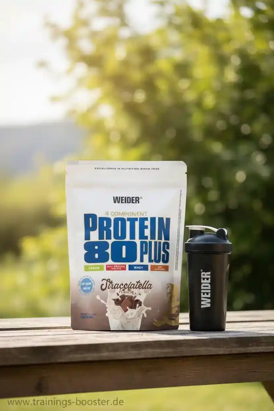 Weider Protein 80 Plus Stracciatella mit Shaker auf Holztisch im Freien