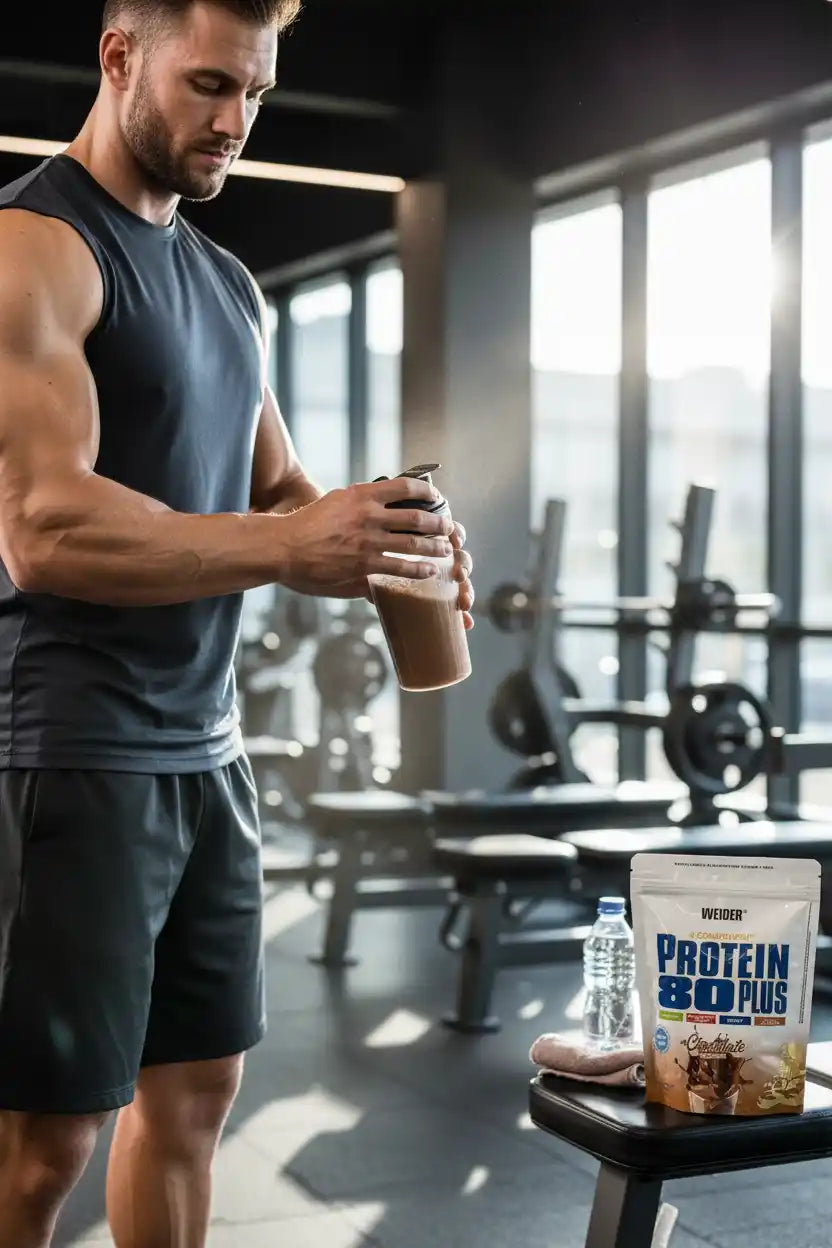 Muskulöser Mann im Fitnessstudio mit Protein-Shake und Weider Protein 80 Plus Beutel