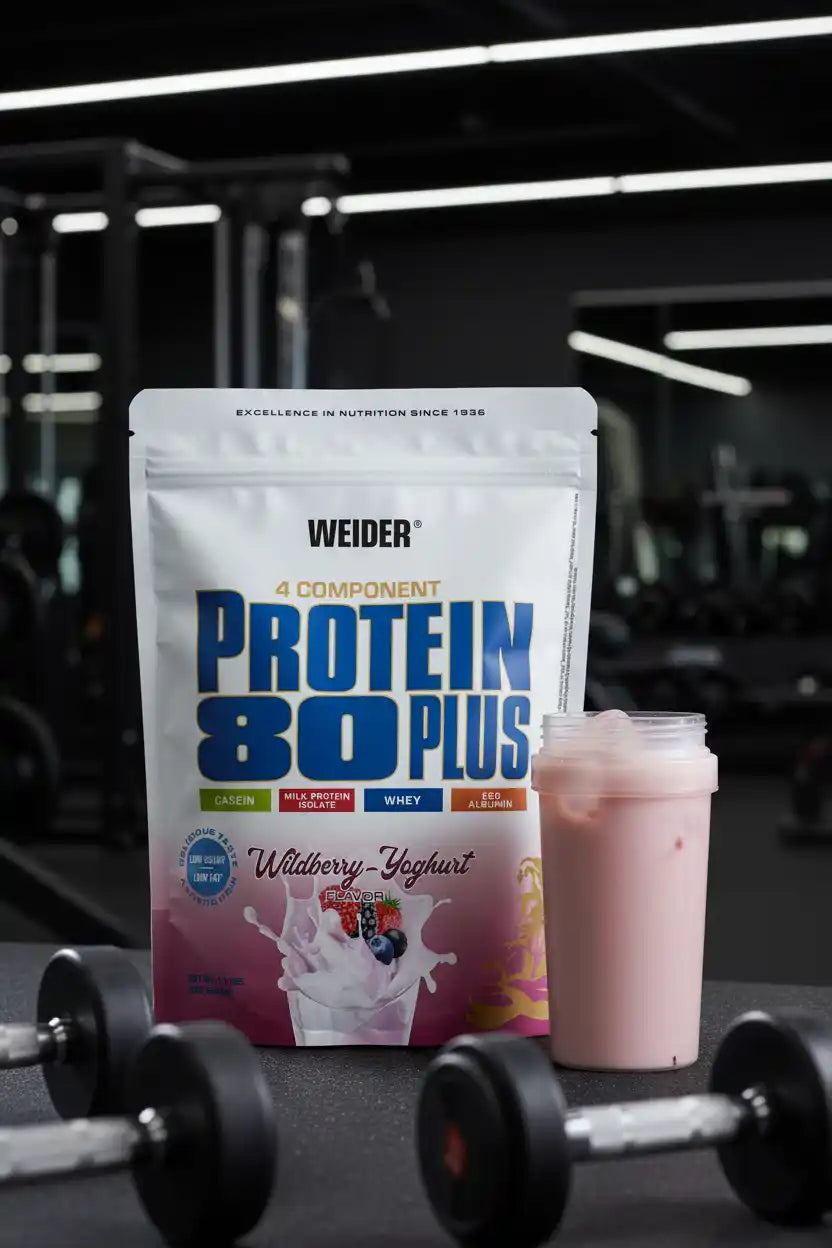 Weider Protein 80 Plus Wildberry-Joghurt im Fitnessstudio mit Hanteln und Shaker