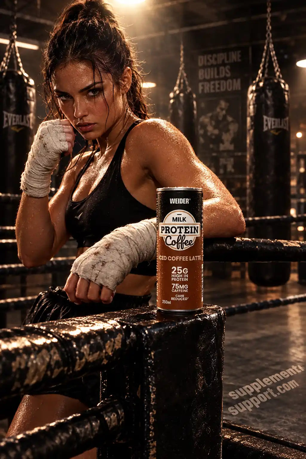 Boxerin im Ring mit einer Dose WEIDER Protein Coffee Iced Coffee Latte.