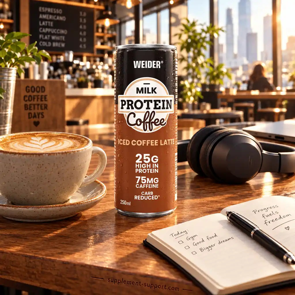 Weider Protein Coffee Iced Coffee Latte Dose auf einem Holztisch neben einer Tasse Kaffee.