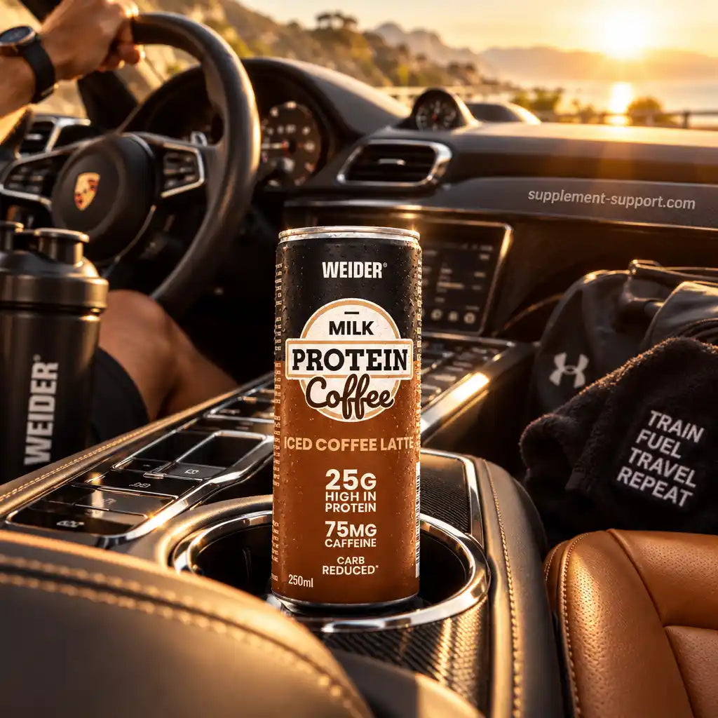WEIDER Milk Protein Coffee Iced Coffee Latte Dose im Getränkehalter eines Autos
