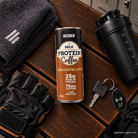 WEIDER Protein Coffee Iced Coffee Latte Dose mit Fitness-Zubehör auf Holztisch