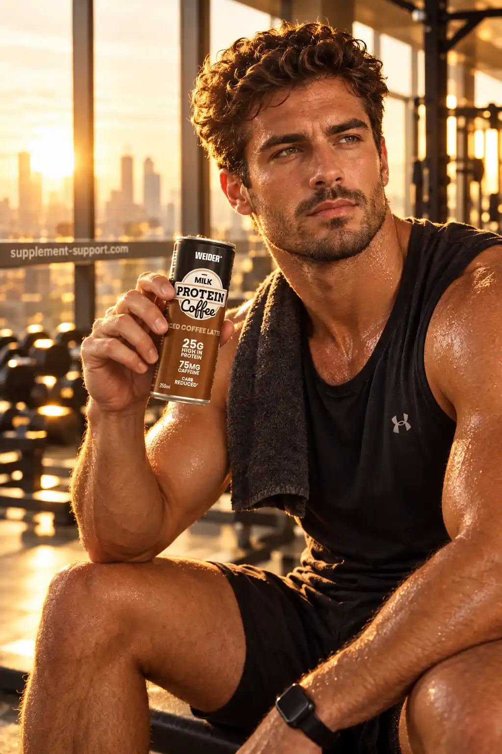 Muskulöser Mann im Fitnessstudio hält eine Dose WEIDER Protein Coffee Iced Coffee Latte.
