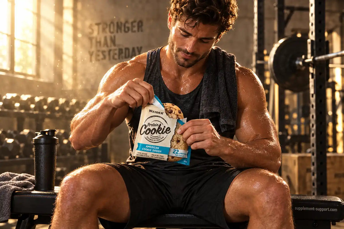 Muskulöser Mann im Fitnessstudio mit einem WEIDER Protein Cookie American Cookie Dough.