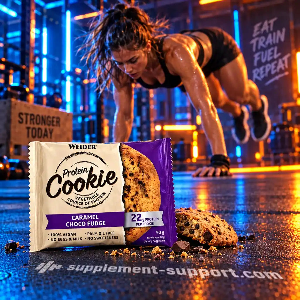 WEIDER Protein Cookie Caramel Choco Fudge vor einer Sportlerin beim Training im Fitnessstudio.