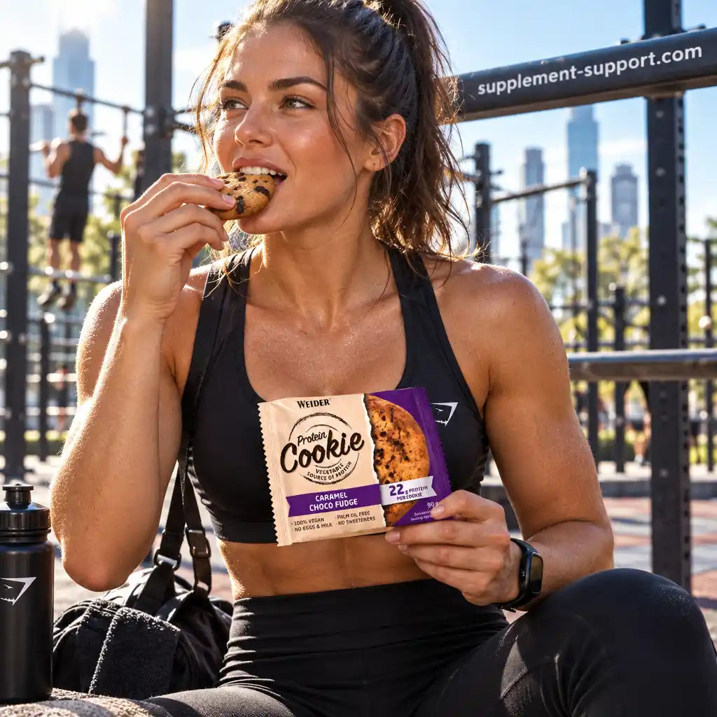 Sportliche Frau isst einen WEIDER Protein Cookie auf einem Outdoor-Fitnessplatz.