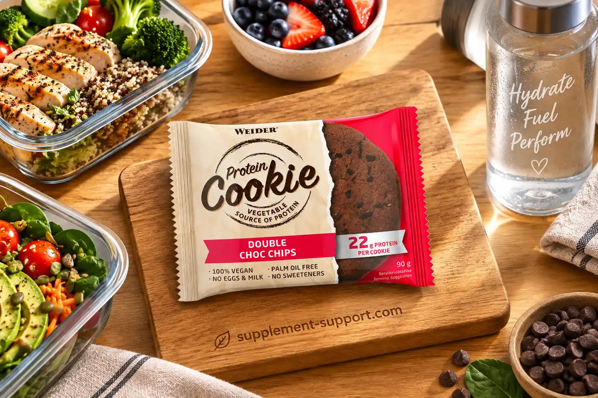 WEIDER Protein Cookie Double Choc Chips auf einem Holzbrett neben gesunden Mahlzeiten.