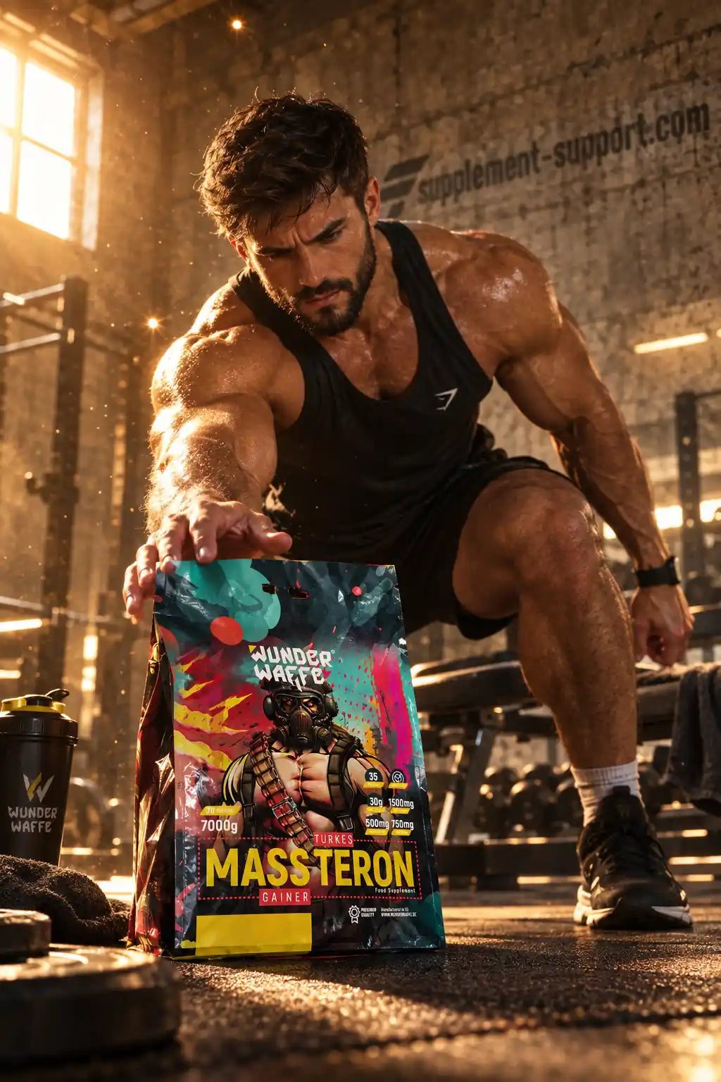 Muskulöser Mann im Fitnessstudio mit Wunderwaffe Labs Massteron Premium Mass Gainer 7kg Beutel.