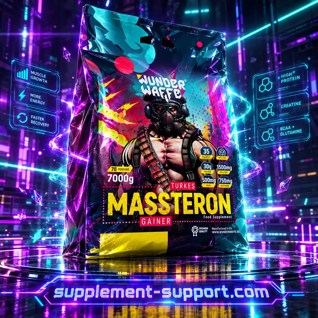 Wunderwaffe Labs Massteron Premium Mass Gainer 7kg Beutel in neonfarbenem Cyberpunk-Design.